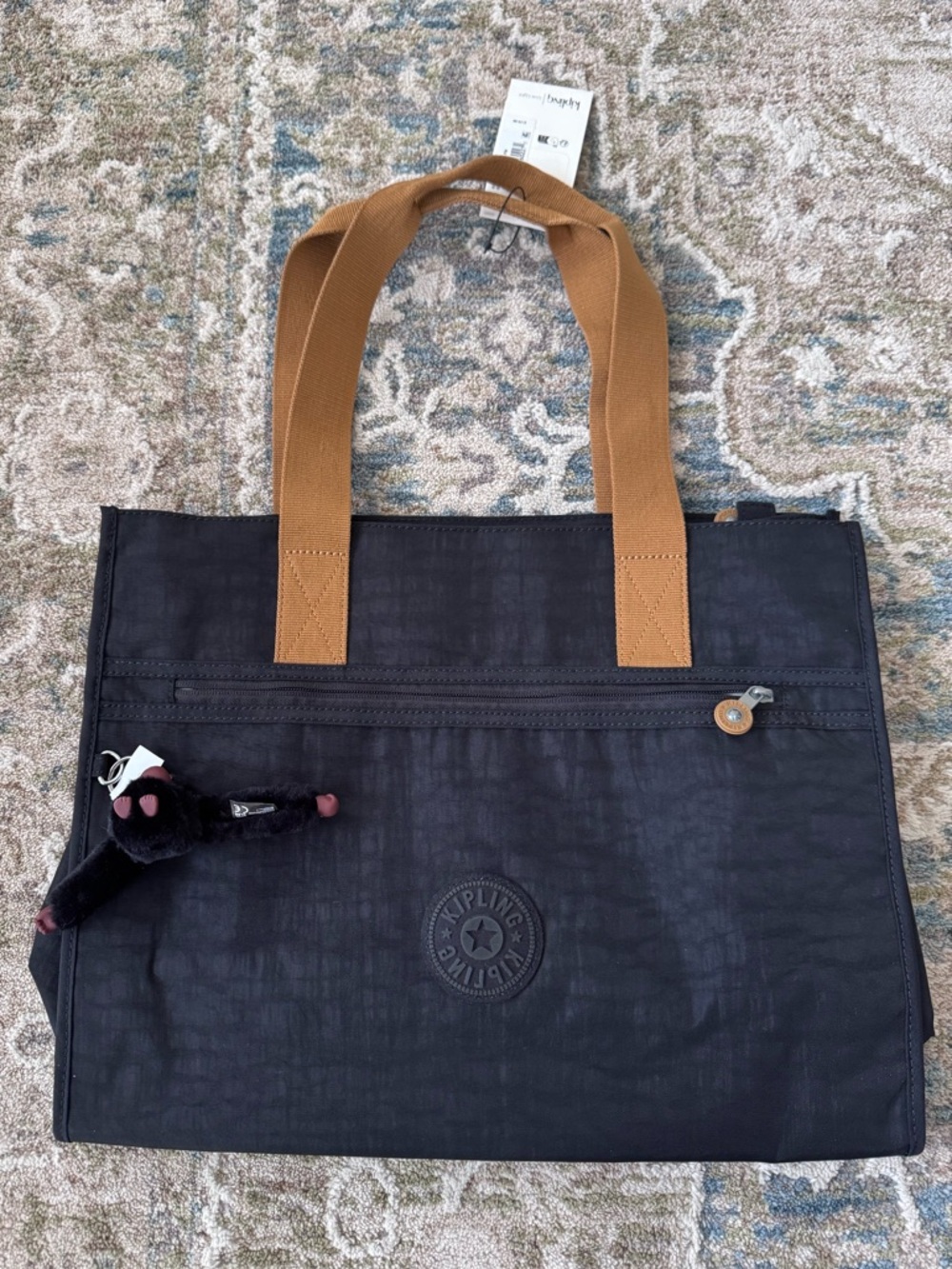 Kipling Black Tote with Brown Handles and Monkey Charm